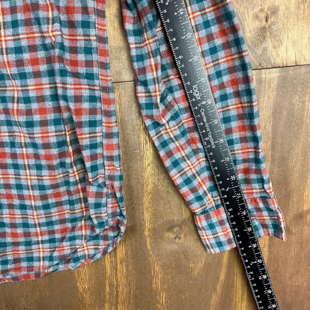 J Crew Mens Flannel Shirt Multicolor Green Gray Orange Plaid Slim Button Down L